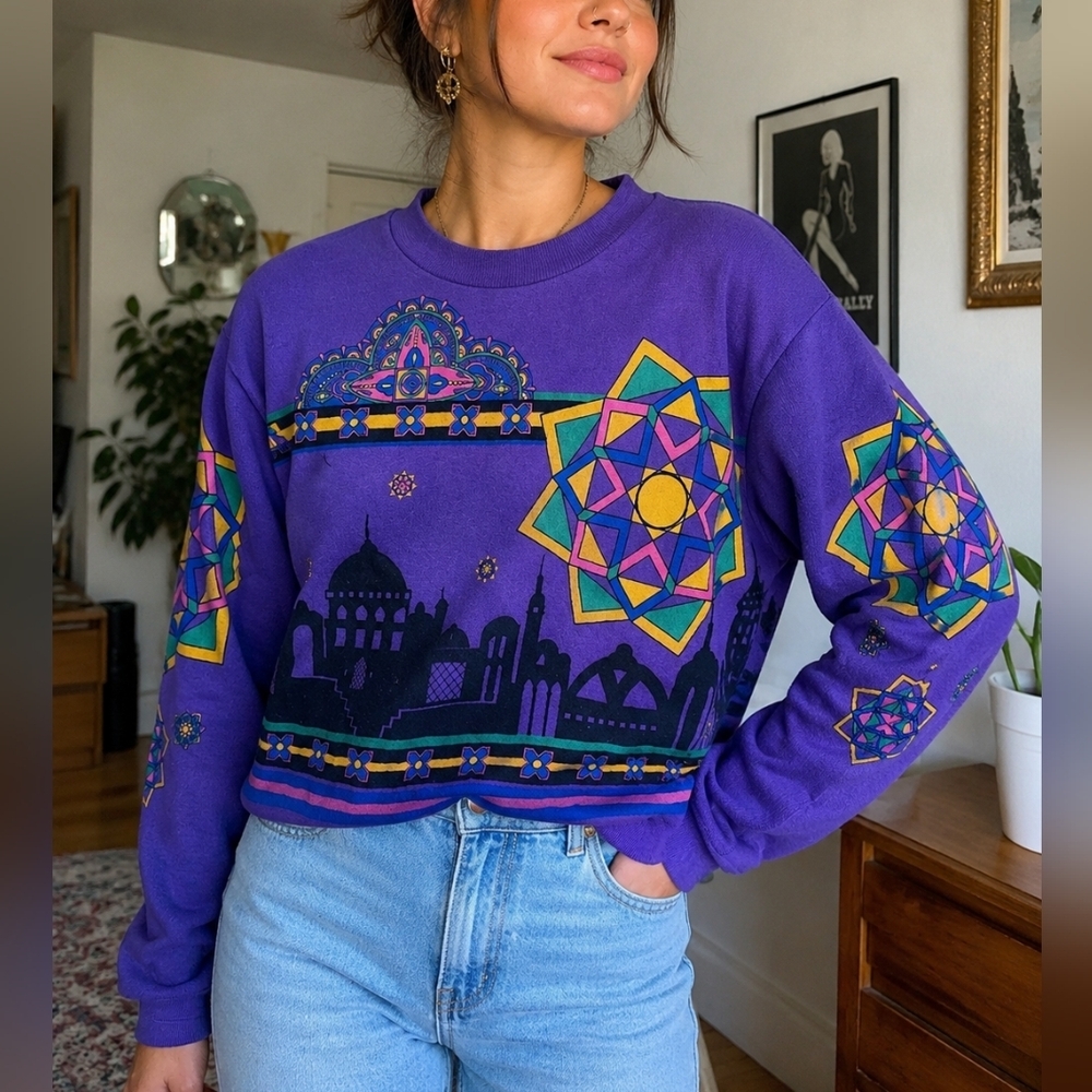 Vintage 90s Purple Geometric Skyline Sweatshirt Large Retro Abstract Pullover